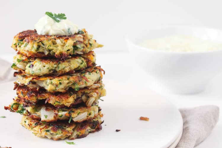 Zucchini Kohlrabi Spring Onion Fritters with Herb Yogurt Sauce | @karalydon