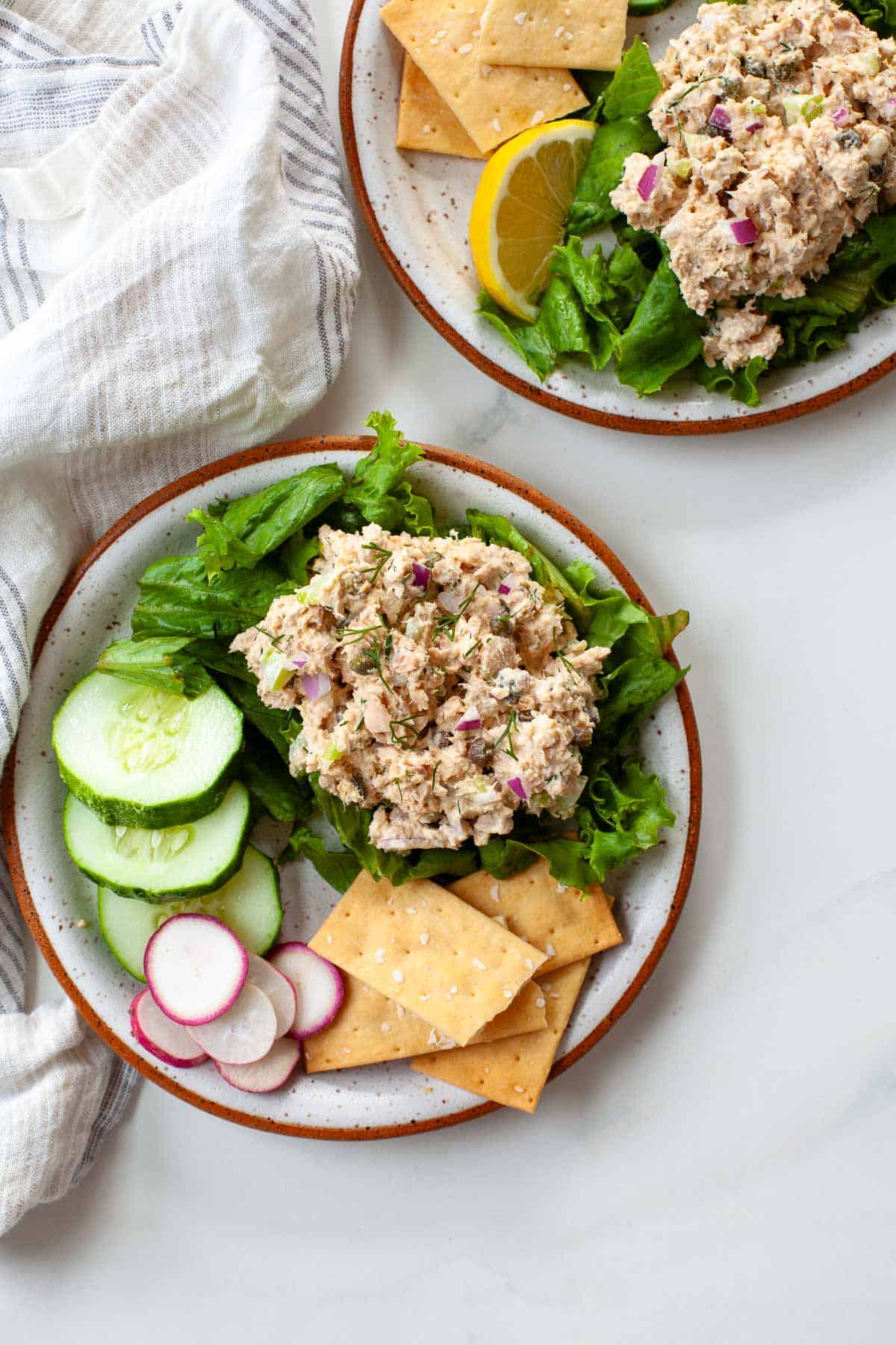 two plates of canned salmon salad served on beds of lettuce with crackers, cucumbers, and radishes